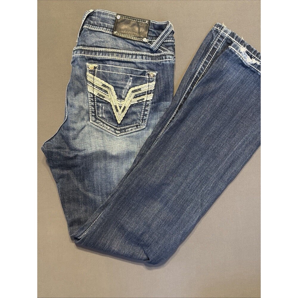 Womens 9 Boot Cut Jeans 33 Long Embellished Pocket Dark Wash Distressed VIGOSS